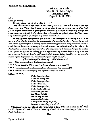 2 Đề kiểm tra chất lượng học kỳ I môn Ngữ văn Lớp 10 - Năm học 2019-2020 - Trường THPT Hàm Rồng (Có đáp án)