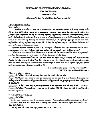 Đề khảo sát chất lượng giữa học kỳ I môn Ngữ văn Lớp 11 - Năm học 2020-2021 (Có đáp án và thang điểm)