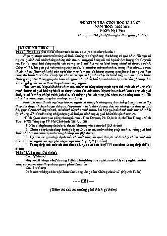 Đề kiểm tra cuối học kỳ I môn Ngữ văn Khối 11 - Năm học 2020-2021 (Có đáp án và thang điểm)