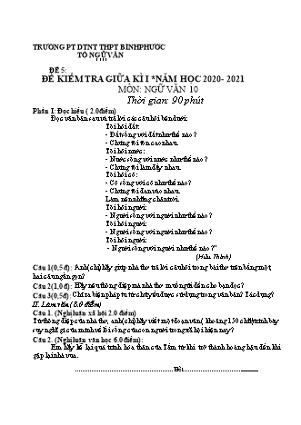 Đề kiểm tra giữa học kỳ I môn Ngữ văn Lớp 10 - Đề 5 - Năm học 2020-2021 - Trường PT DTNT THPT Bình Phước (Có đáp án)