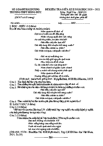 Đề kiểm tra giữa kỳ II môn Ngữ văn Lớp 11 - Năm học 2020-2021 - Trường THPT Hồng Đức (Có đáp án và thang điểm)