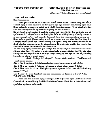 Đề kiểm tra học kỳ I môn Ngữ văn Lớp 11 - Năm học 2020-2021 - Trường THPT Nguyễn Du (Có đáp án)