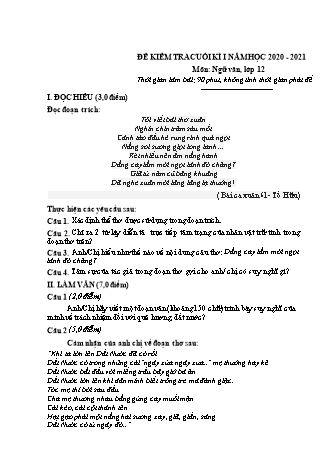 Đề kiểm tra cuối học kỳ 1 môn Ngữ văn Lớp 12 - Năm học 2020-2021 (Có đáp án)