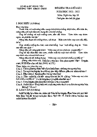 Đề kiểm tra giữa học kỳ 1 môn Ngữ văn Lớp 10 - Năm học 2021-2022 - Trường THPT Khoái Châu