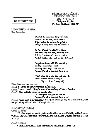 Đề kiểm tra giữa học kỳ I môn Ngữ văn Khối 12 - Năm học 2020-2021 (Có đáp án)