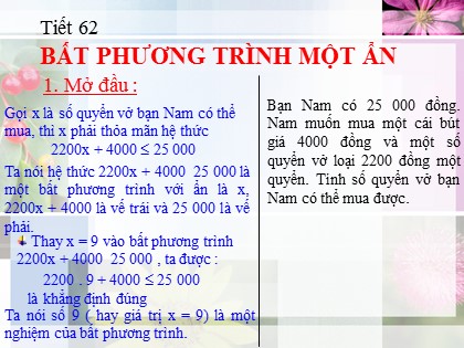 Bài giảng Đại số Lớp 8 - Tiết 62: Bất phương trình một ẩn