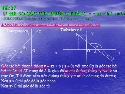 Bài giảng Đại số Lớp 9 - Tiết 27: Hệ số góc của đường thẳng y = ax + b (a khác 0)