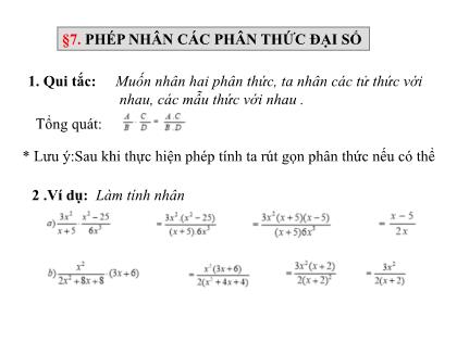 Bài giảng Đại số Lớp 8 - Bài: Phép nhân các phân thức đại số