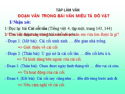 Bài giảng Tập làm văn Lớp 4 - Tuần 17 - Bài: Đoạn văn trong bài văn miêu tả đồ vật