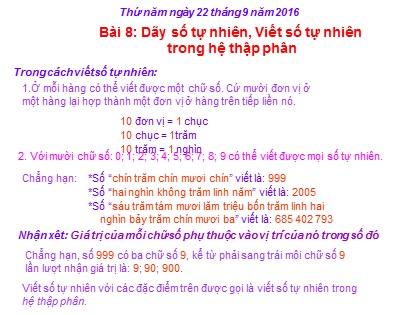 Bài giảng Toán học 4 - Bài 8: Dãy số tự nhiên, Viết số tự nhiên trong hệ thập phân