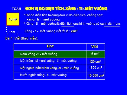 Bài giảng Toán Lớp 3 - Bài: Đơn vị đo diện tích. Xăng-ti-mét vuông