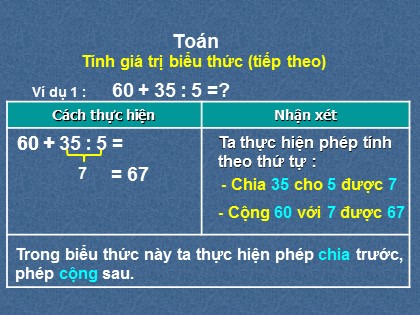 Bài giảng Toán Lớp 3 - Bài: Tính giá trị biểu thức (Tiếp theo)